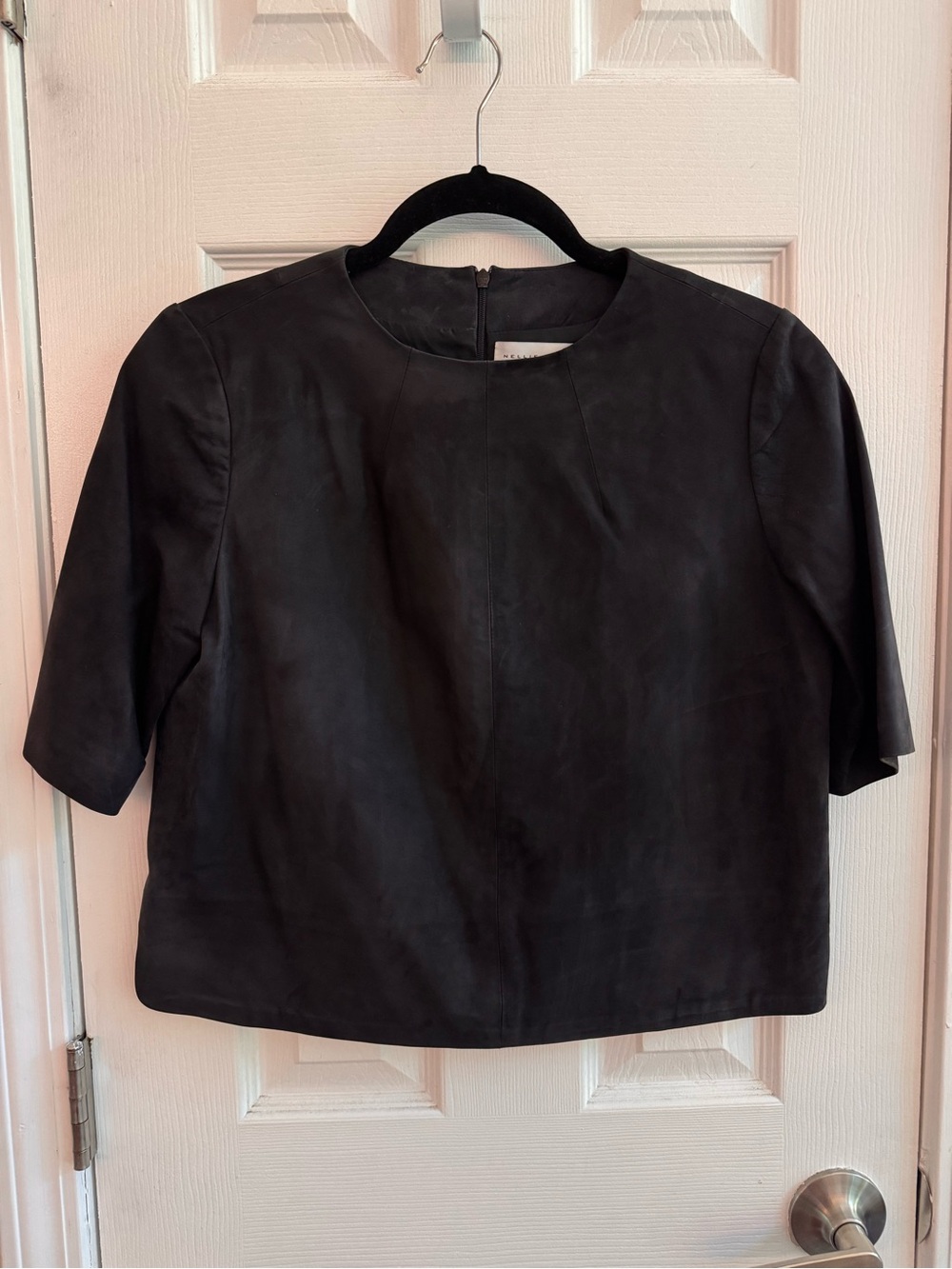 NELLIE PARTOW 100% Genuine Leather Short Sleeve Shirt Matte Black Size 4